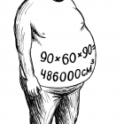 Описание: Карикатура. надпись на животе. толстый человек с надписью на животе, обозначающей результат умножения объёмов груди, талии и бёдер. тело, пропорции, объёмы, параметры моделей, <span class=\"hilite\">толстяки</span>, фигура, красота